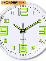 horloge murale moderne fond noir cadres blancs aiguilles vert fluo números blancos lignes blanches
