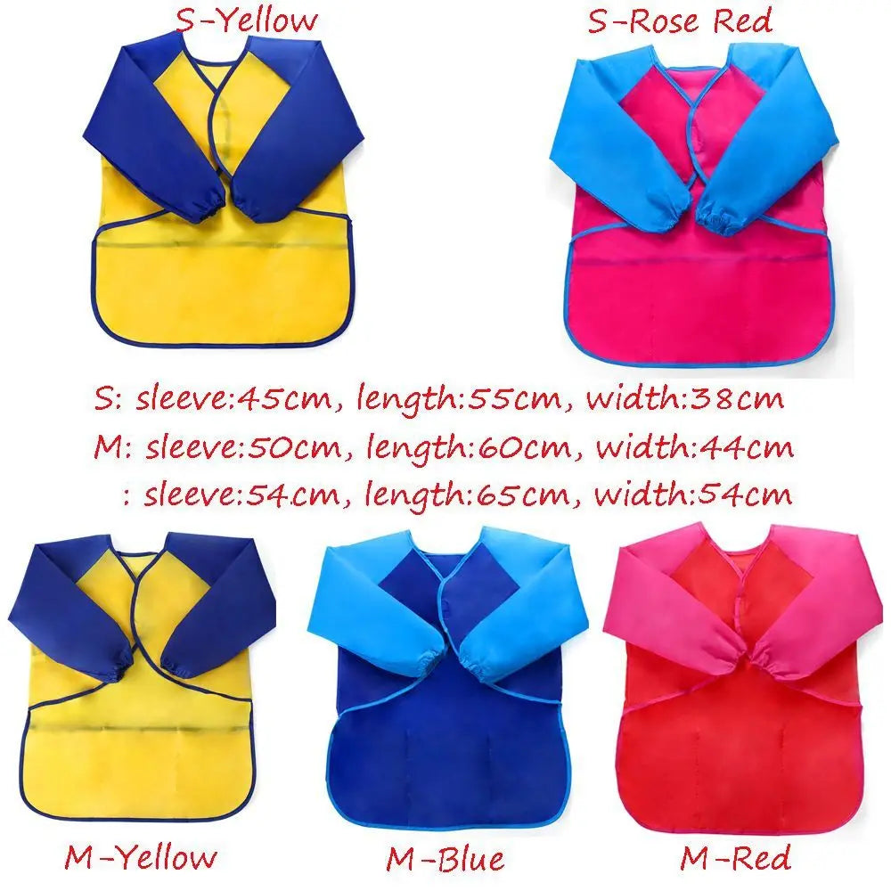 tablier peinture imperméable enfant pinceaux jaune bleu rose poche élastique pratique