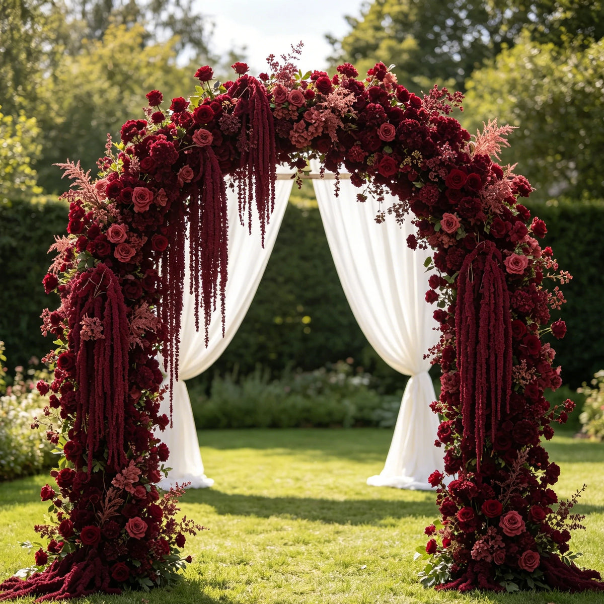 arche décorative mariage extérieur fleurs feuillage franges rouge vert blanc naturel rustique