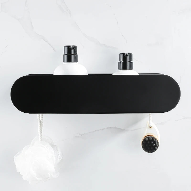support mural moderne salle bain noir adhésif pompe lotion brosse douche serviette blanche 40cm