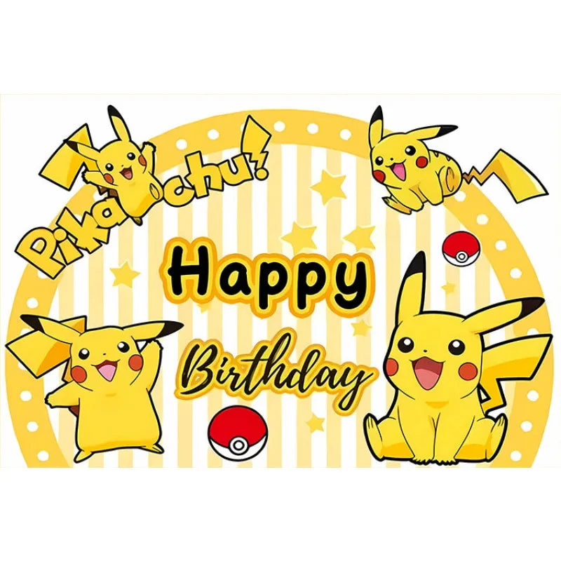décoration anniversaire enfant pikachu happy birthday fond illustration vinyle poster Jaune Bleu