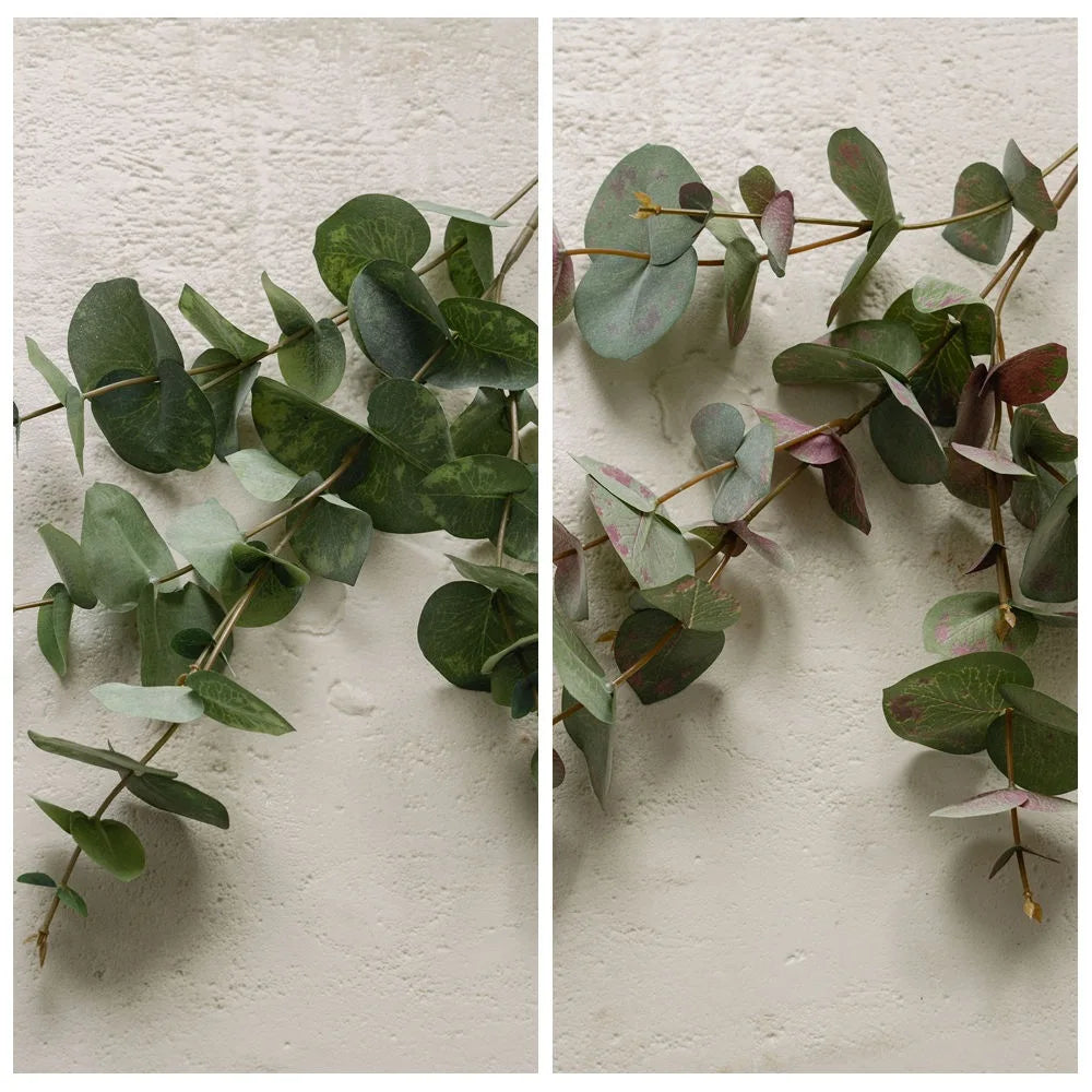 branche eucalyptus artificielle feuilles rondes vert brun vase gris décoration intérieure naturelle minimaliste apparentement
