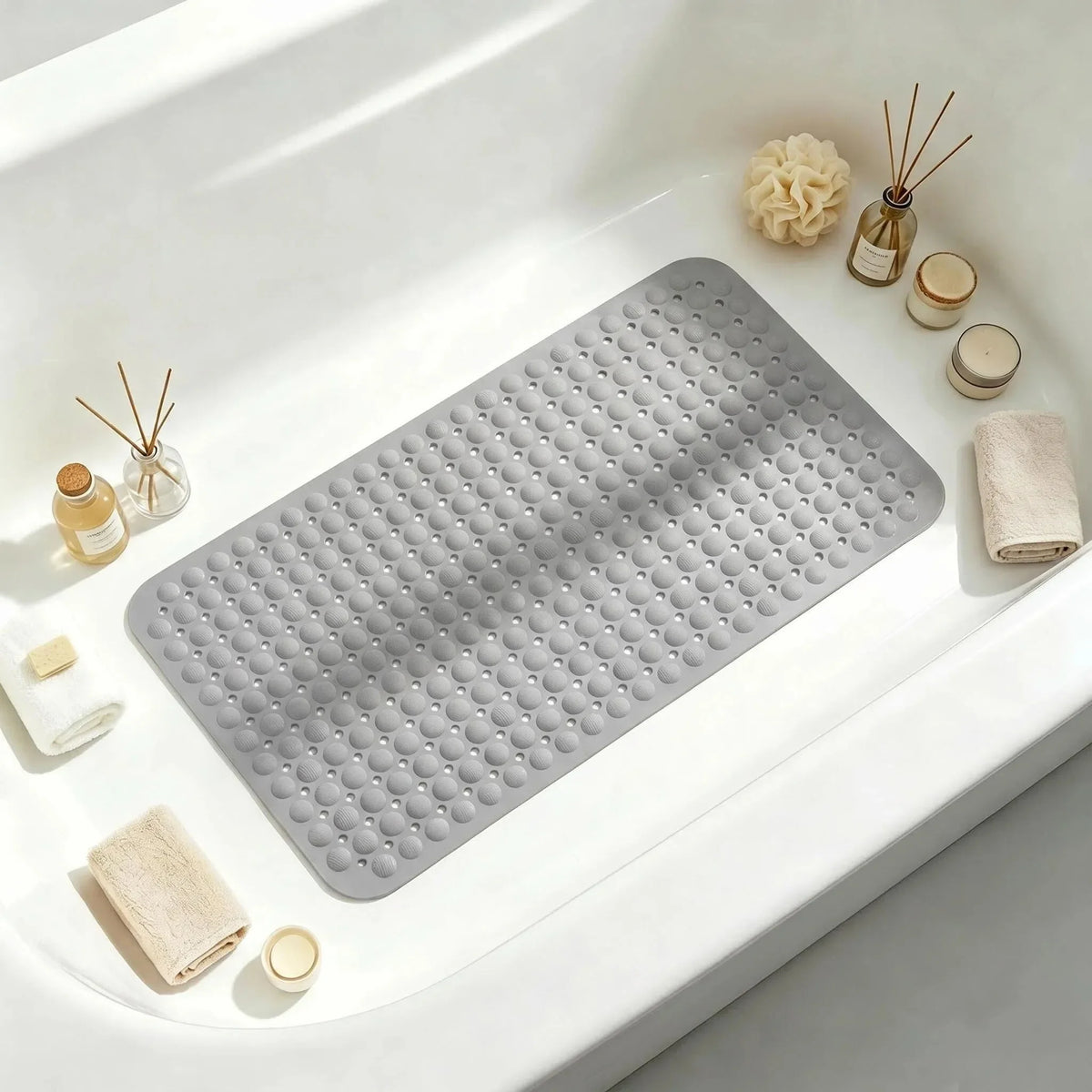 tapis bain antidérapant moderne gris clair perforations ventouses 37x68cm drainage sécurisé doux machine