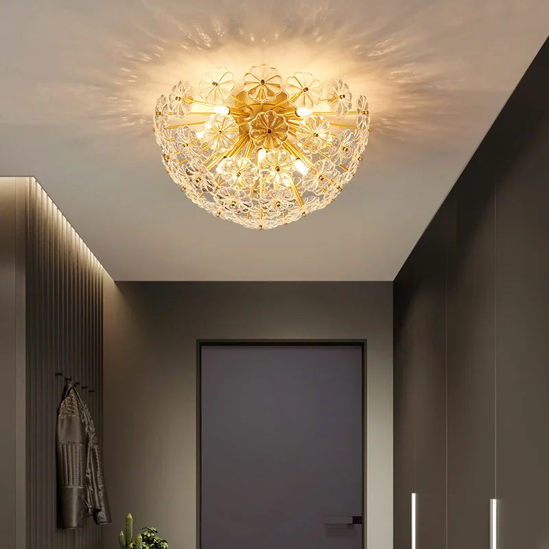 suspension lumineuse moderne or transparent cristal fleurs élégante chaîne métallique lumière led warm cool