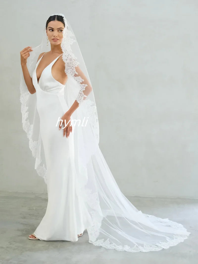 voile mariée blanc dentelle bordure élégante monocouche longue robe mariée adulte
