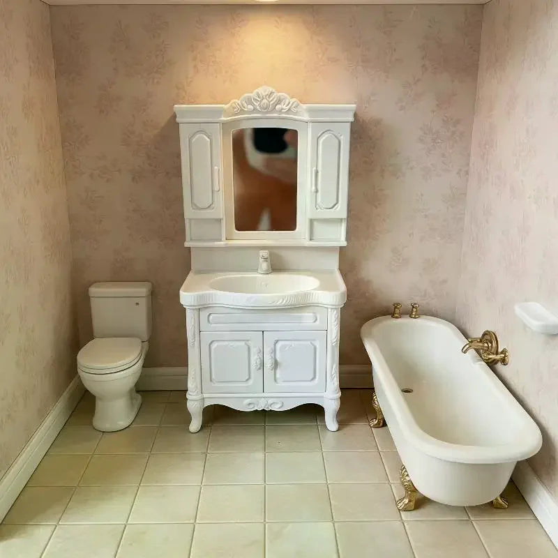 miniature meuble salle bain blanc noir vintage vasque miroir armoire porte robinet ornementé
