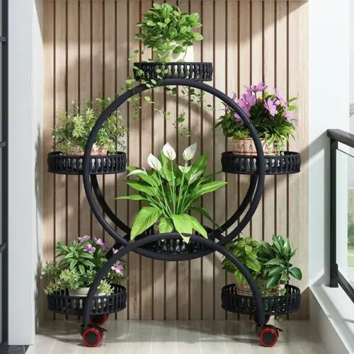 meuble plante rotatif moderne niveaux métal ajouré noir roulettes freinées balconintérieur