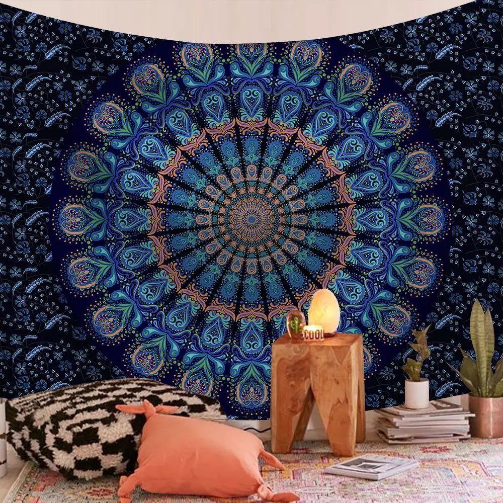 tapisserie murale mandala bohème bleu orange noir éléphant géométrique polyester rectangle