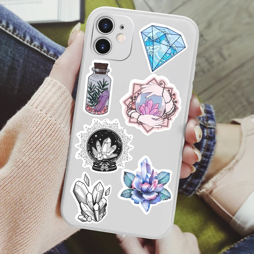 sticker illustration artistique violet bleu blanc fleurs lunes géométrique adhésif transparent portable téléphone ordinateur