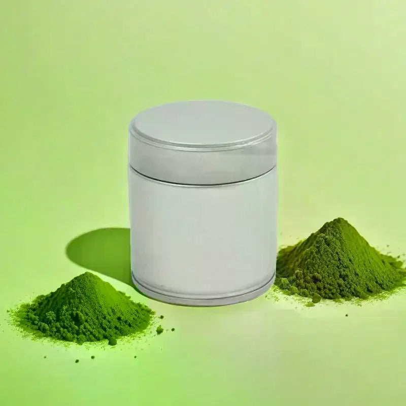 boîte thé matcha argent noir contemporaine cuillère bois opaquet aluminium fcm portable scellée