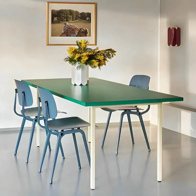 table moderne verre métal rectangle minimaliste pieds simples blanc vert bleu gris marron