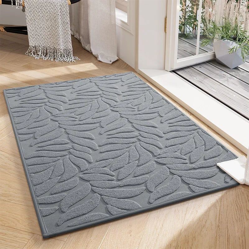 tapis d'entrée gris moderne motif feuilles absorbant antidérapant doux lavable couloir porte