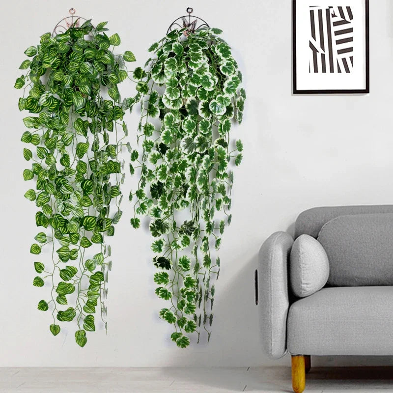 plantes artificielles suspendues feuilles ovales vigne moderne anneaux métalliques extérieur intérieur decoration