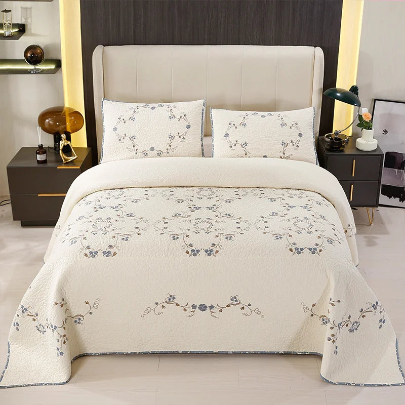 littoile ensemble literie couverture taies oreillers motifs floraux crème bleu marron quilting texturé champêtre