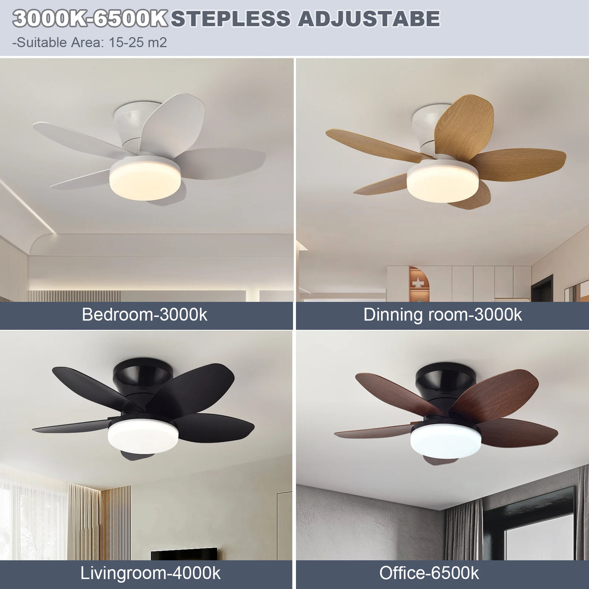 ventilateur lumière intégrée télécommande lames bois naturel abat jour blanc minimaliste rechargeable