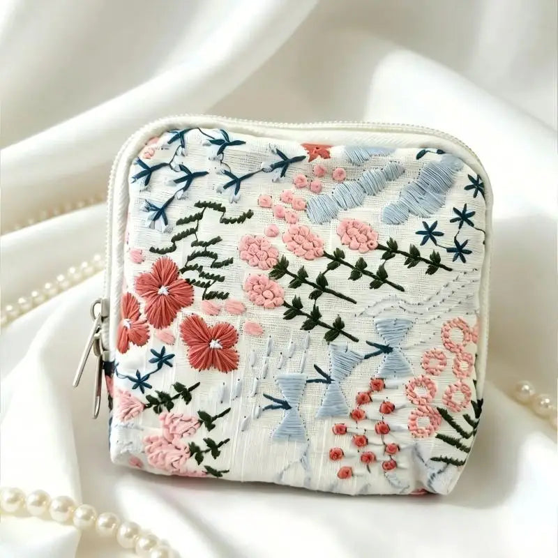 sac rangement bijoux fleurs papillons motifs floraux zips beige doré bleu rose verte Jaune