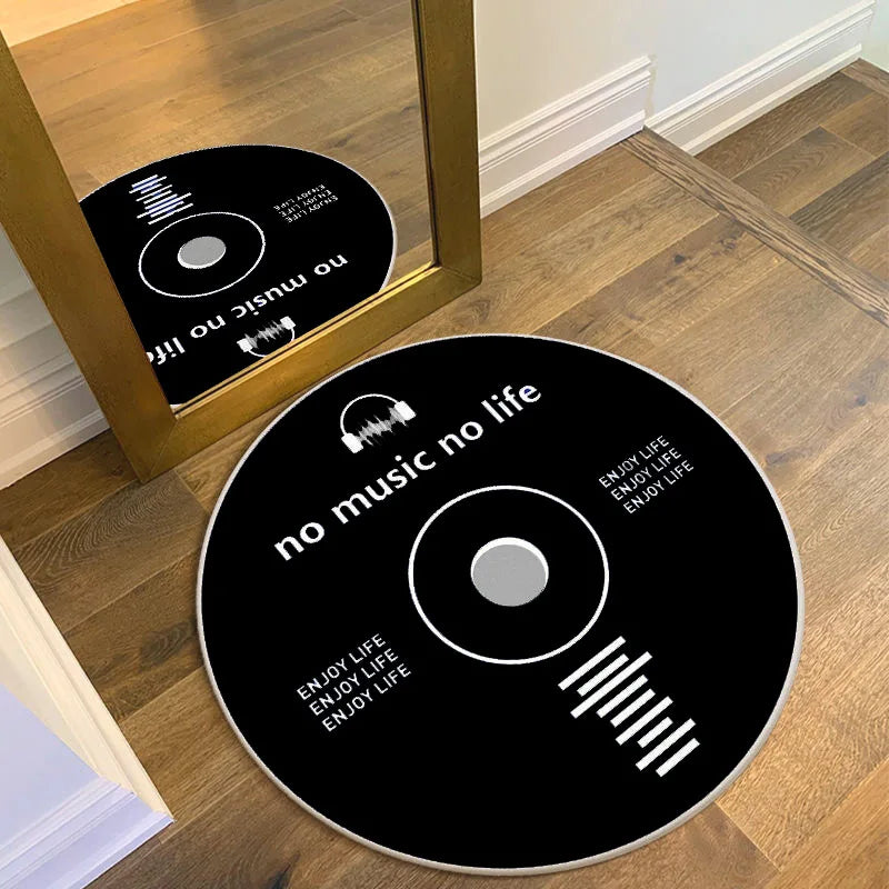 tapis rond moderne cd lettres noir blanc vert foncé salon chambreextérieur