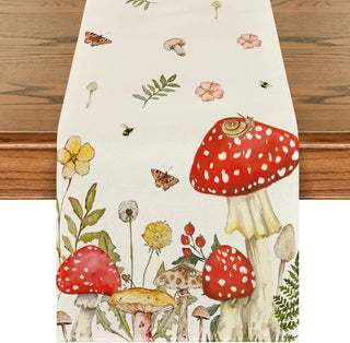 champignon fleur papillon table lin blanc rouge jaune vert marron champêtre rustique bohème