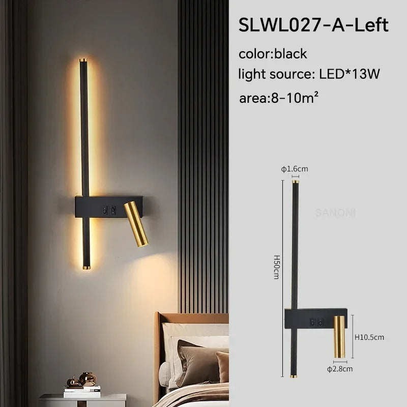 lampe murale led moderne fixée mur éclairage vertical minimaliste noir doré