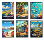 Cette image contient une collection d'affiches promotionnelles de destinations touristiques, notamment Grand Wailea, Makawao, Molokini Crater, Napili Bay, Paia et Temecula, mettant en valeur les paysages, les activités et l'atmosphère de ces lieux.