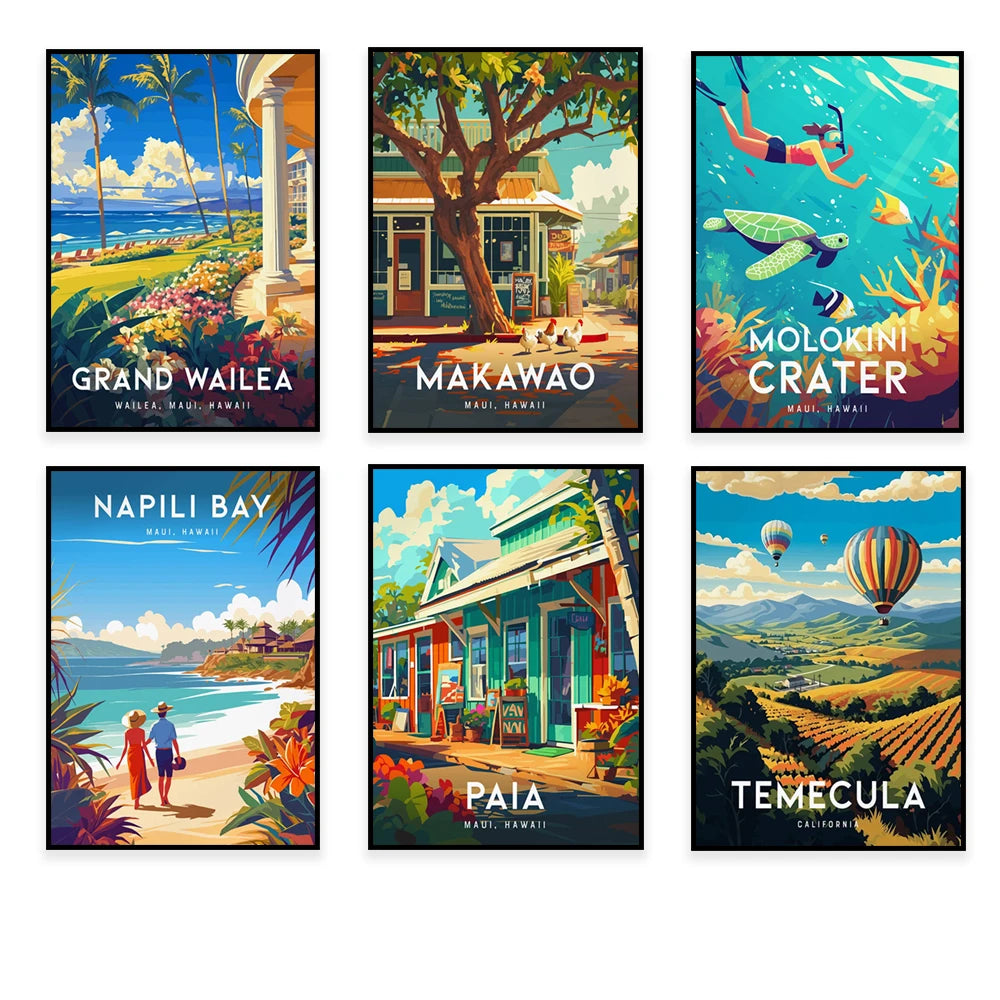 Cette image contient une collection d'affiches promotionnelles de destinations touristiques, notamment Grand Wailea, Makawao, Molokini Crater, Napili Bay, Paia et Temecula, mettant en valeur les paysages, les activités et l'atmosphère de ces lieux.