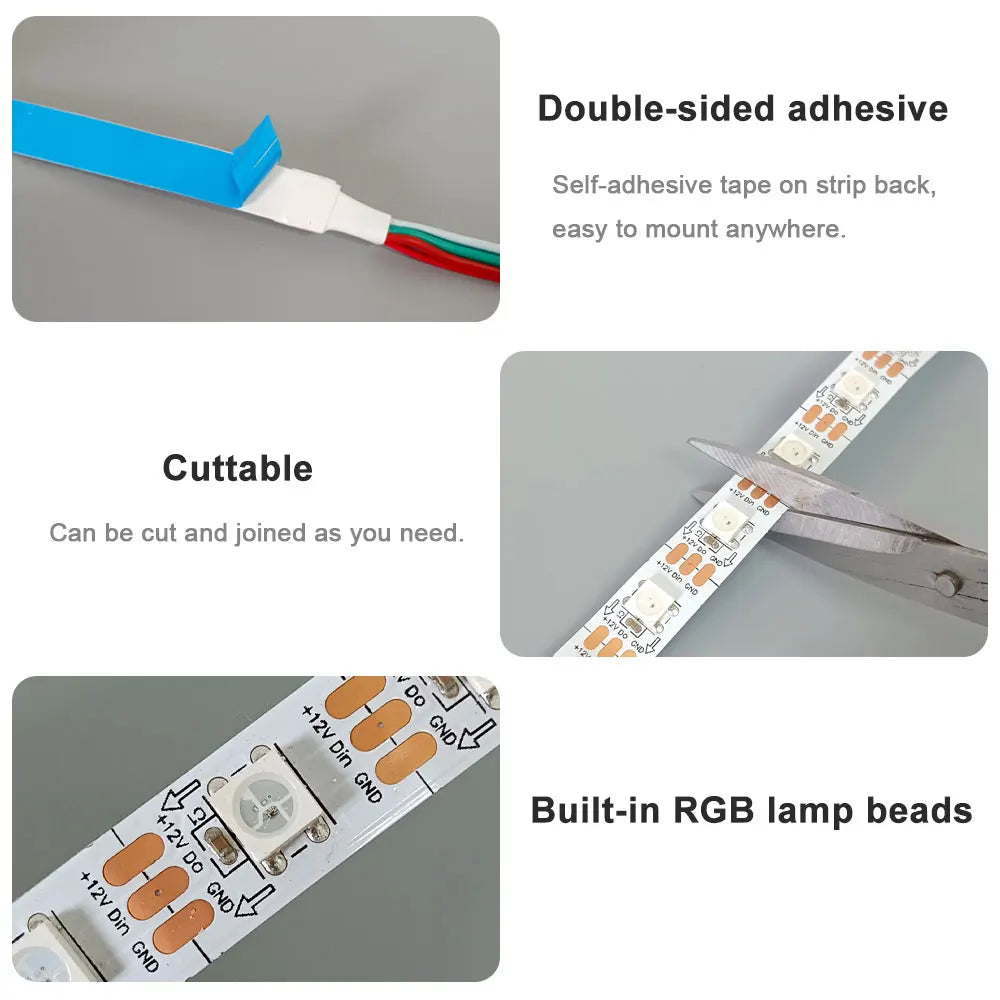 ruban led rgb adressable 12v smd 60 pixels mètre blanc adhésif décoration intérieur moderne