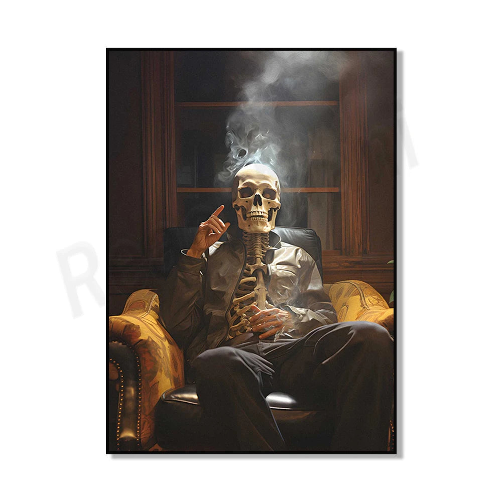 La silhouette effrayante d'un squelette assis sur un fauteuil en cuir, une cigarette à la main dans une scène sombre et mystérieuse.
