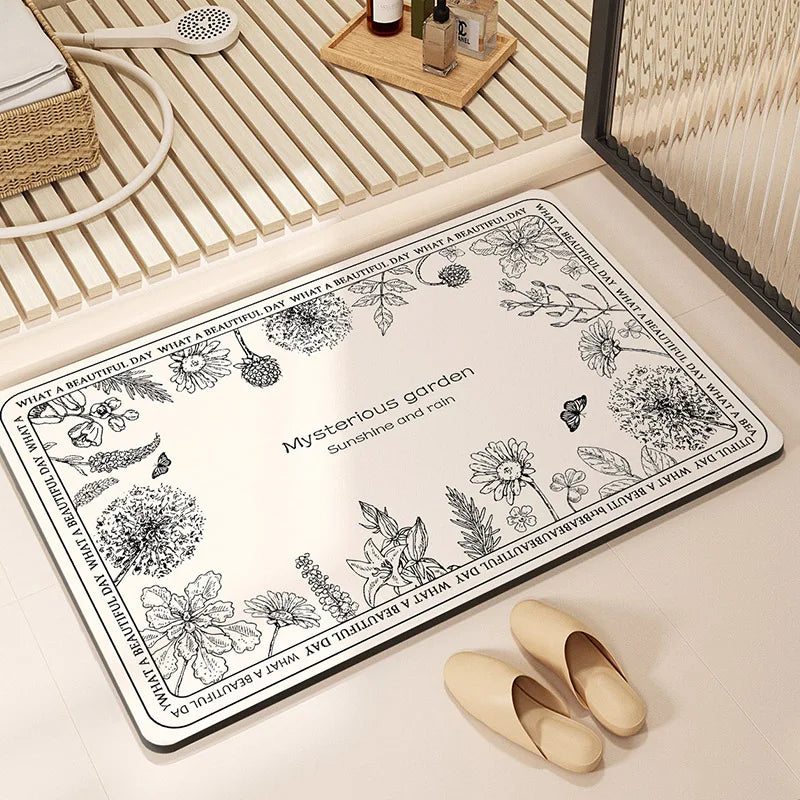tapis bain absorbant antidérapant fleurs vintage blanc noir salle bain séchage rapide luxe