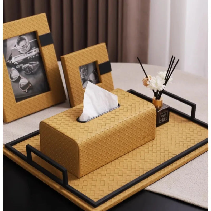 boîte mouchoirs cuir tissé moderne marron clair adhésif salon organisation table basse