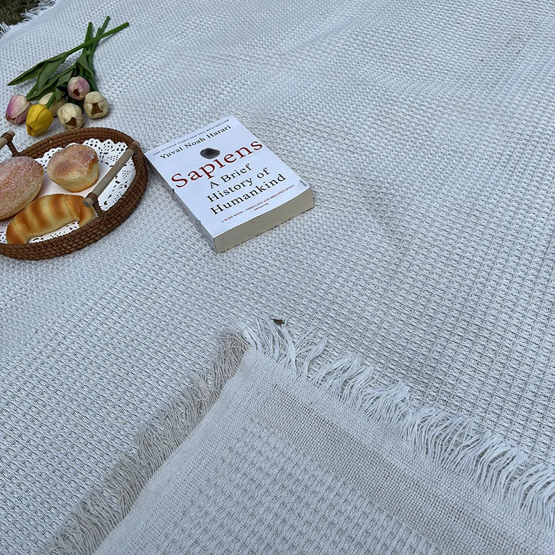 couverture pique nique tissée moderne motif géométrique opaque polyester jute gris blanc