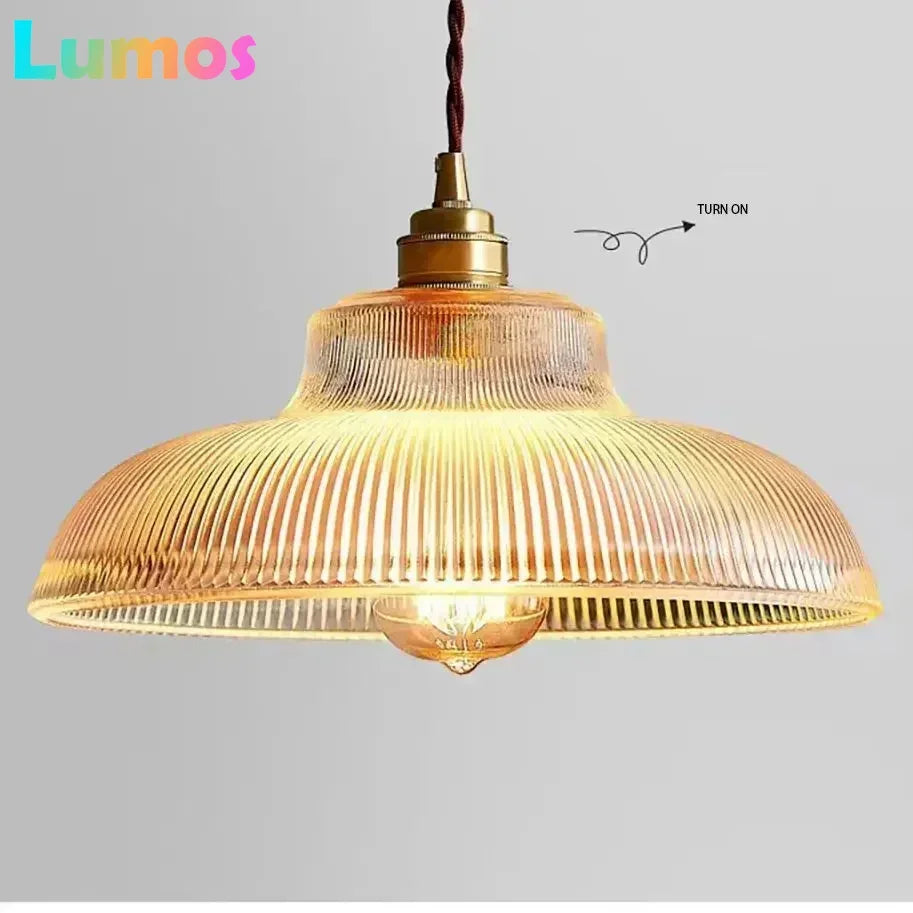 lampe suspendue vintage rétro dorée transparente rayures horizontales câble torsadé ampoule inclusion
