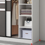 armoire moderne minimaliste blanc gris panneaux rectangulaires vêtements suspendus boîtes rangement jouets poignées porte