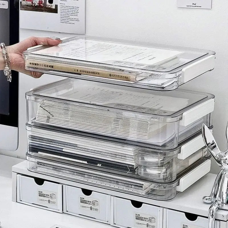 boîtes rangement transparentes empilables poignées blanches modernes documents plastique respectueux environnement