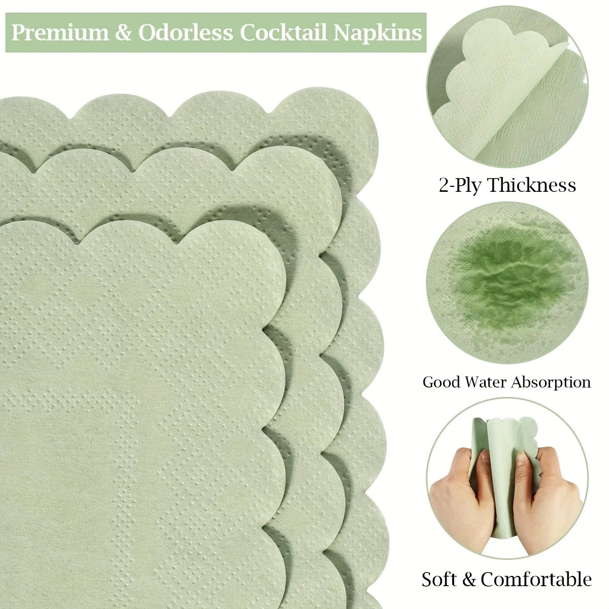 serviettes jetables vert sauge bord dentelé texture points qualité supérieure modernes cocktail fête mariage