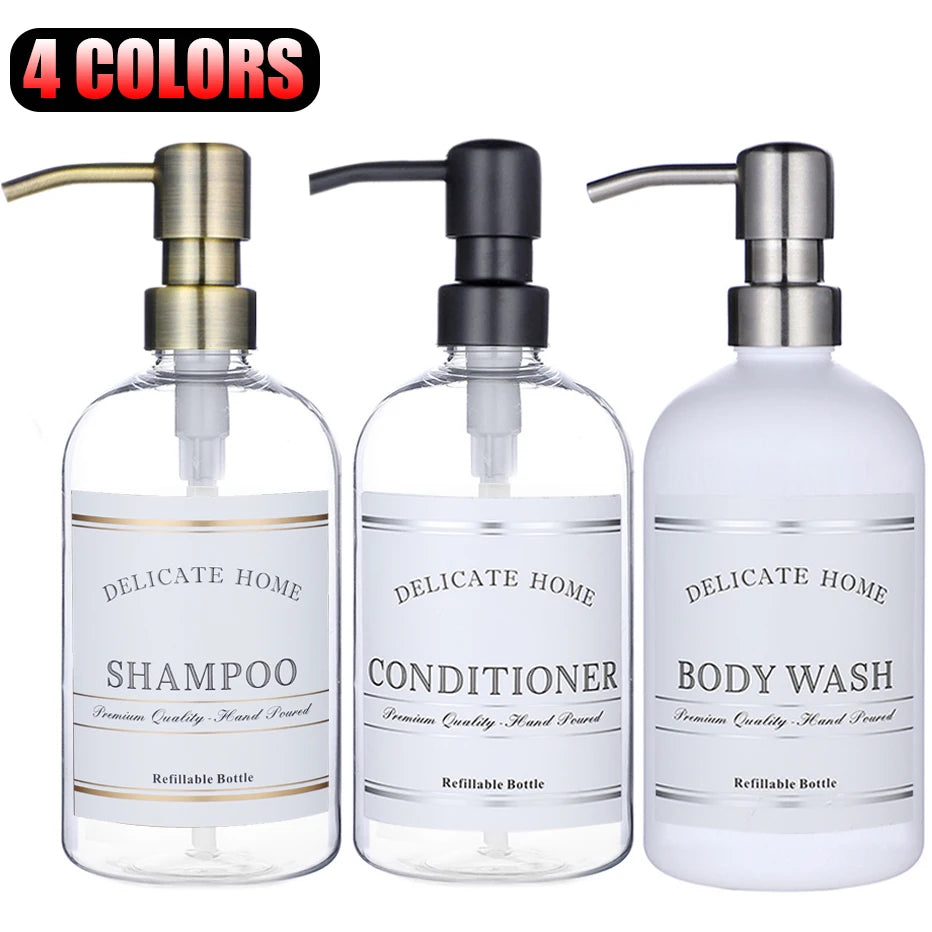 bouteilles shampooing après shampoing gel douche rechargeables transparentes marron noir blanches modernes pompes pression
