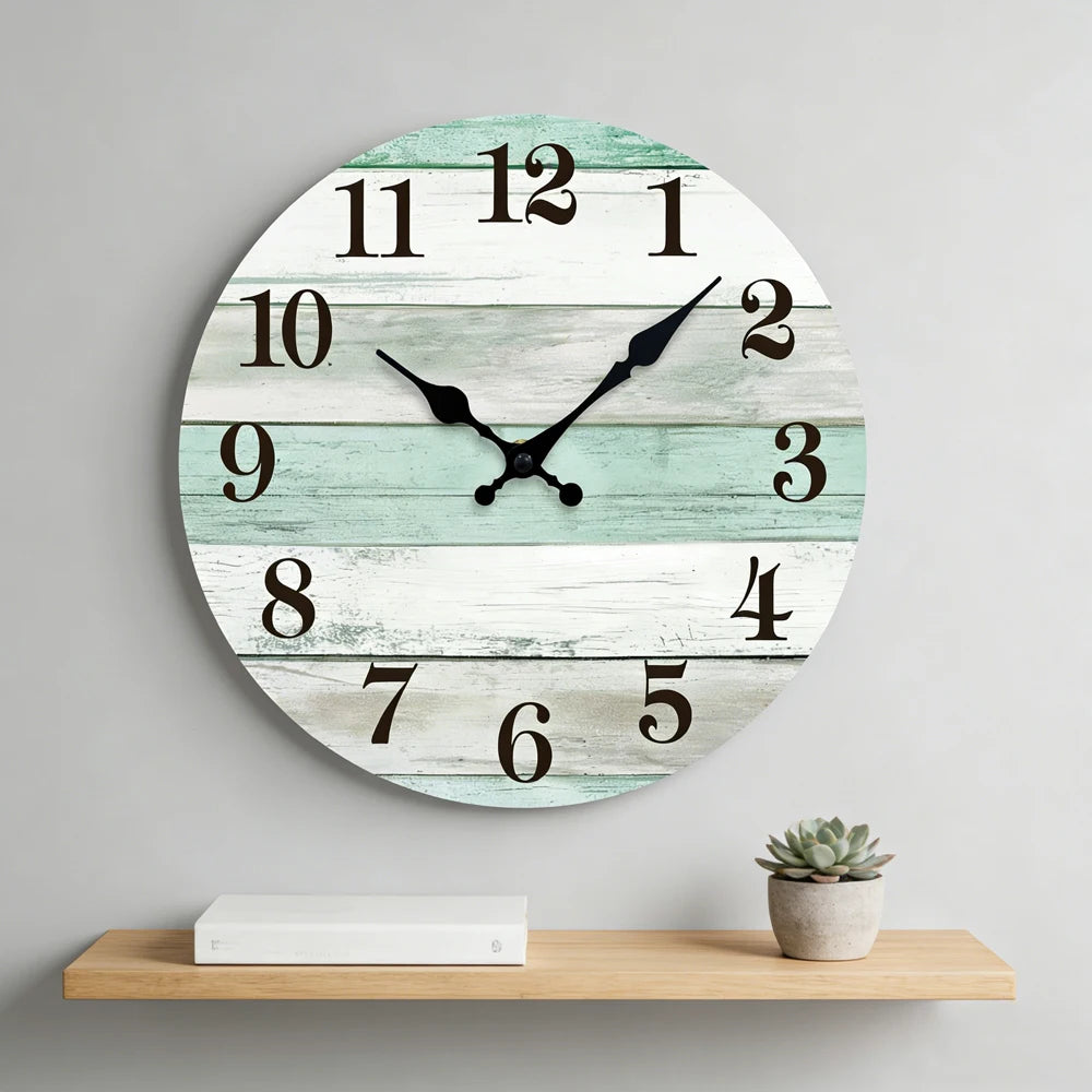 horloge murale rustique bois vert blanc adhésif salon chambre cuisine planches horizontales imitation vieilli