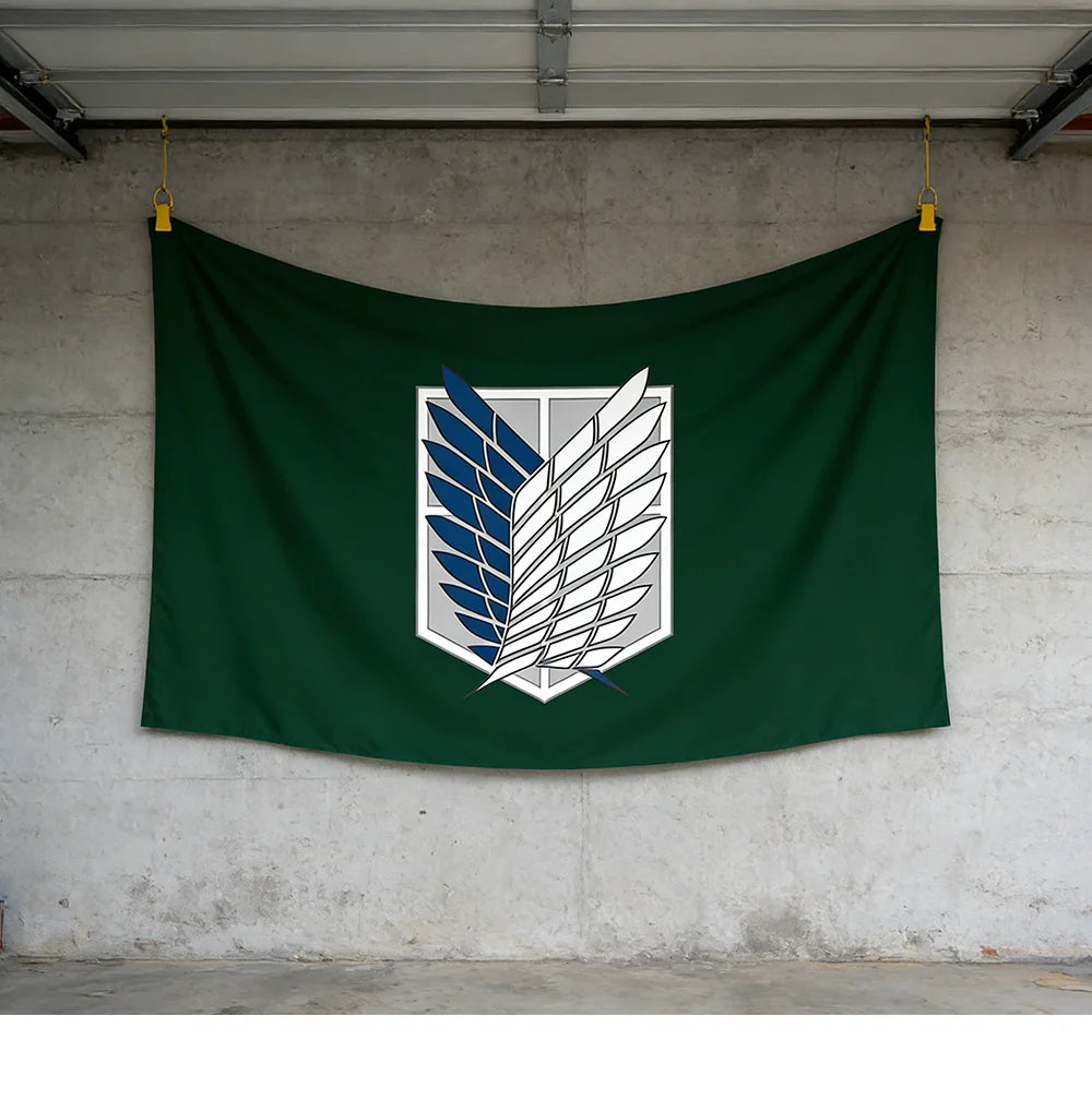 drapeau attack on titan 120x180cm 150x240cm 60x90cm 90x150cm polyester emblème ailes vert foncé decoration