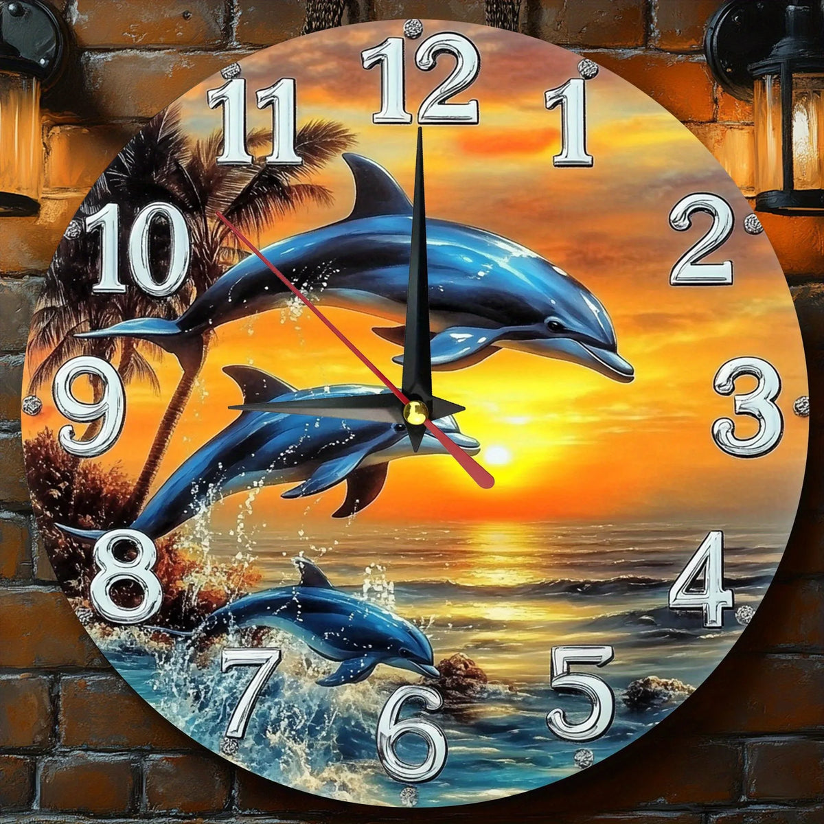 horloge murale bois dauphins coucher soleil palmiers moderne chambre decoration