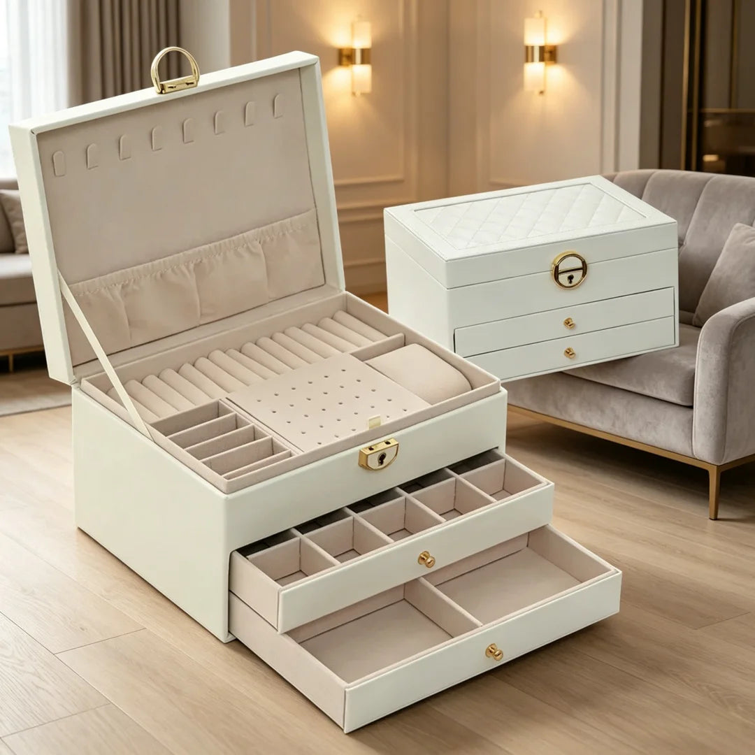 boîtes bijoux modernes élégantes compartiments cuir velours noir blanc vert rose poignées dorées