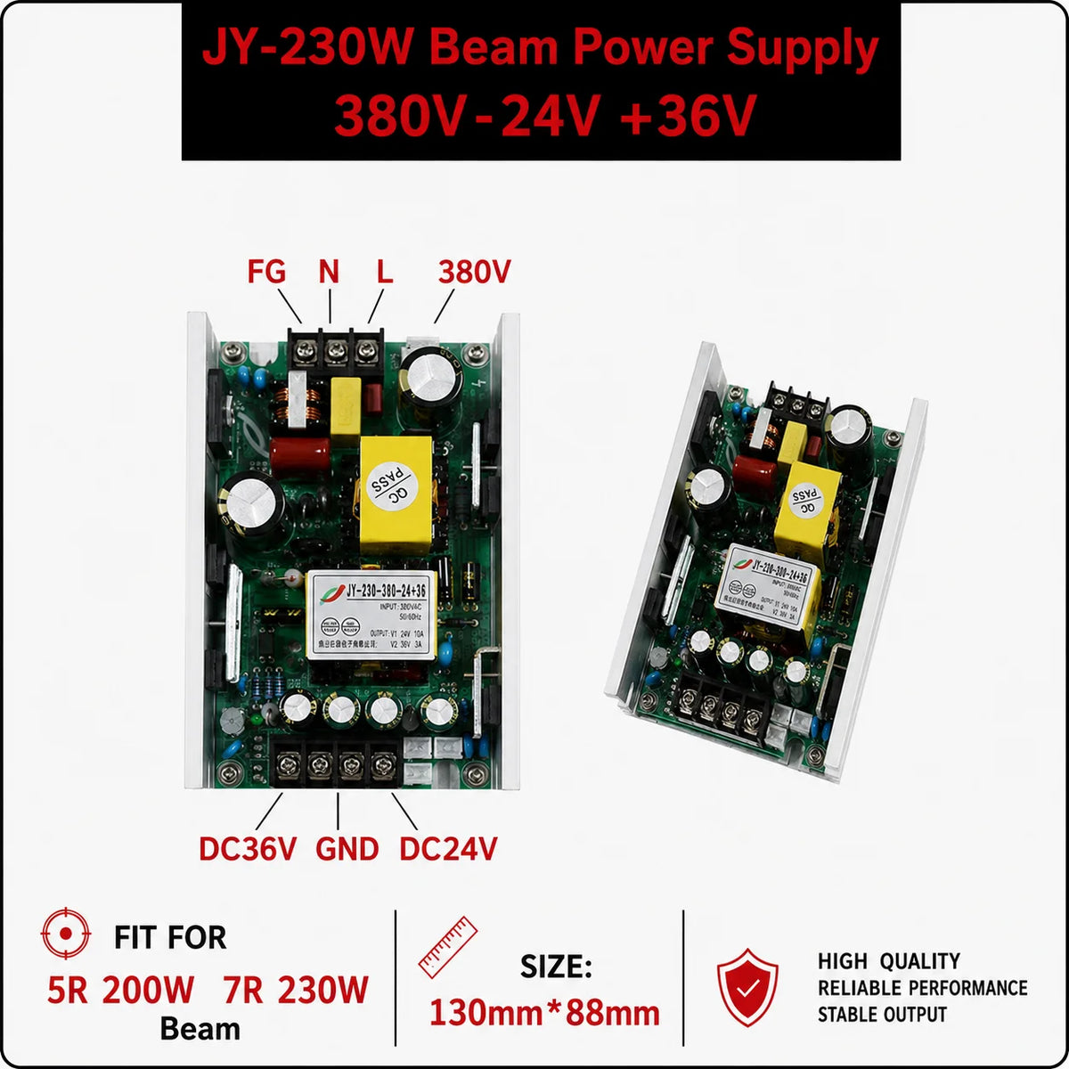 alimentation électrique projecteur laser blanc vert jaune condensateurs bobines connecteurs 230W 380W 24V 12V