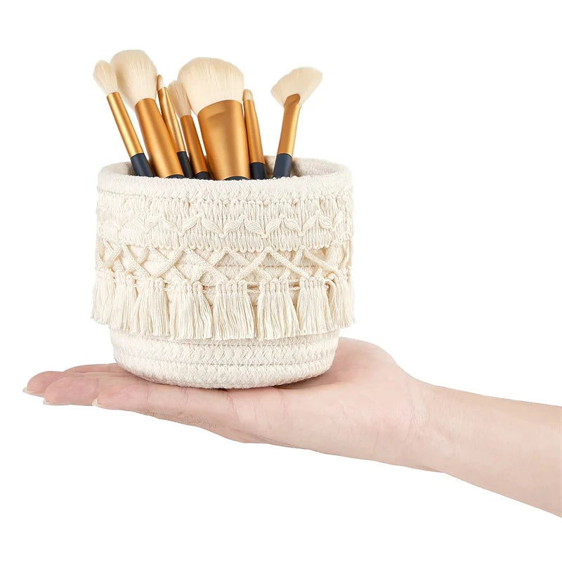 paniers rangement boho macramé franges brosses pinceaux cosmétiques toile réutilisable