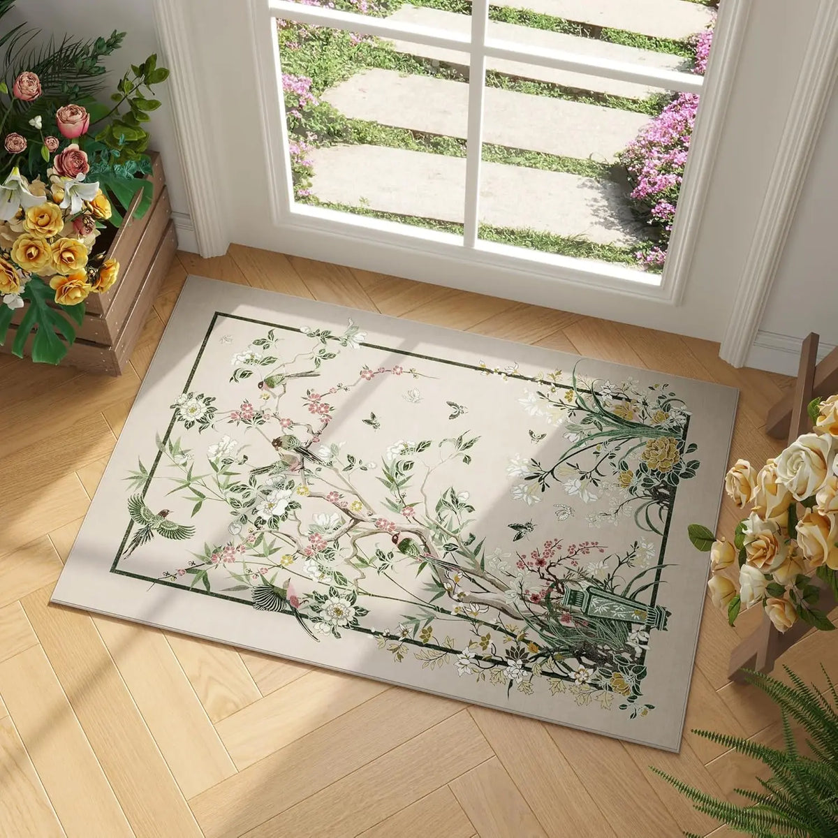 tapis sol floral oiseaux fleurs vert bleu beige résistant antidérapant moderne