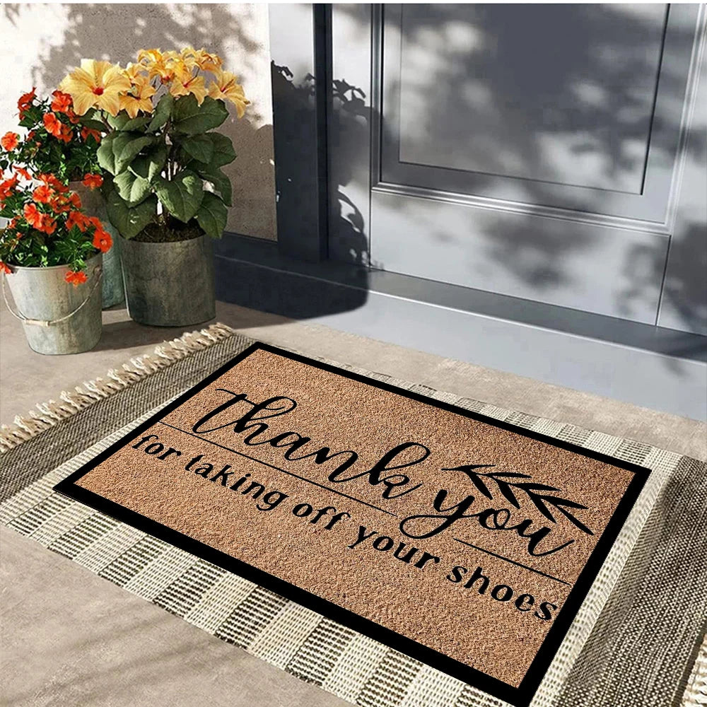 tapis d'entrée antidérapant marron lettres blanches feuilles vertes résistant bactéries moderne extérieur sol porte