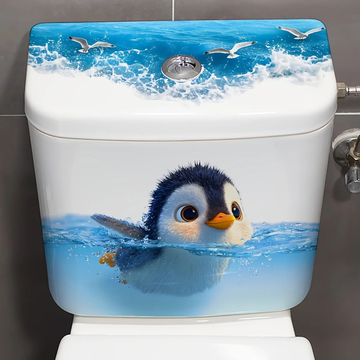 cache cuvette toilette pingouin bleu blanc illustration adhésive salle bain déco facile nettoyage