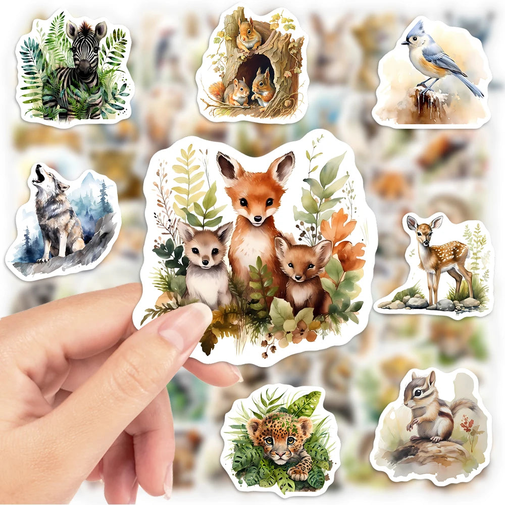 stickers animaux forêt multicolores aquarelle adhésifs imperméables usage unique pc eau carnet notes modernes