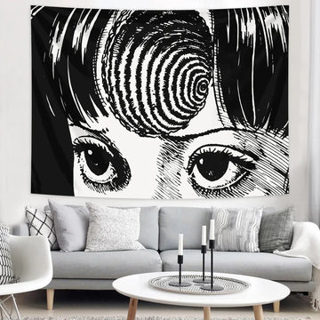 tapisserie murale motif yeux stylisés noir blanc moderne rectangle chambre