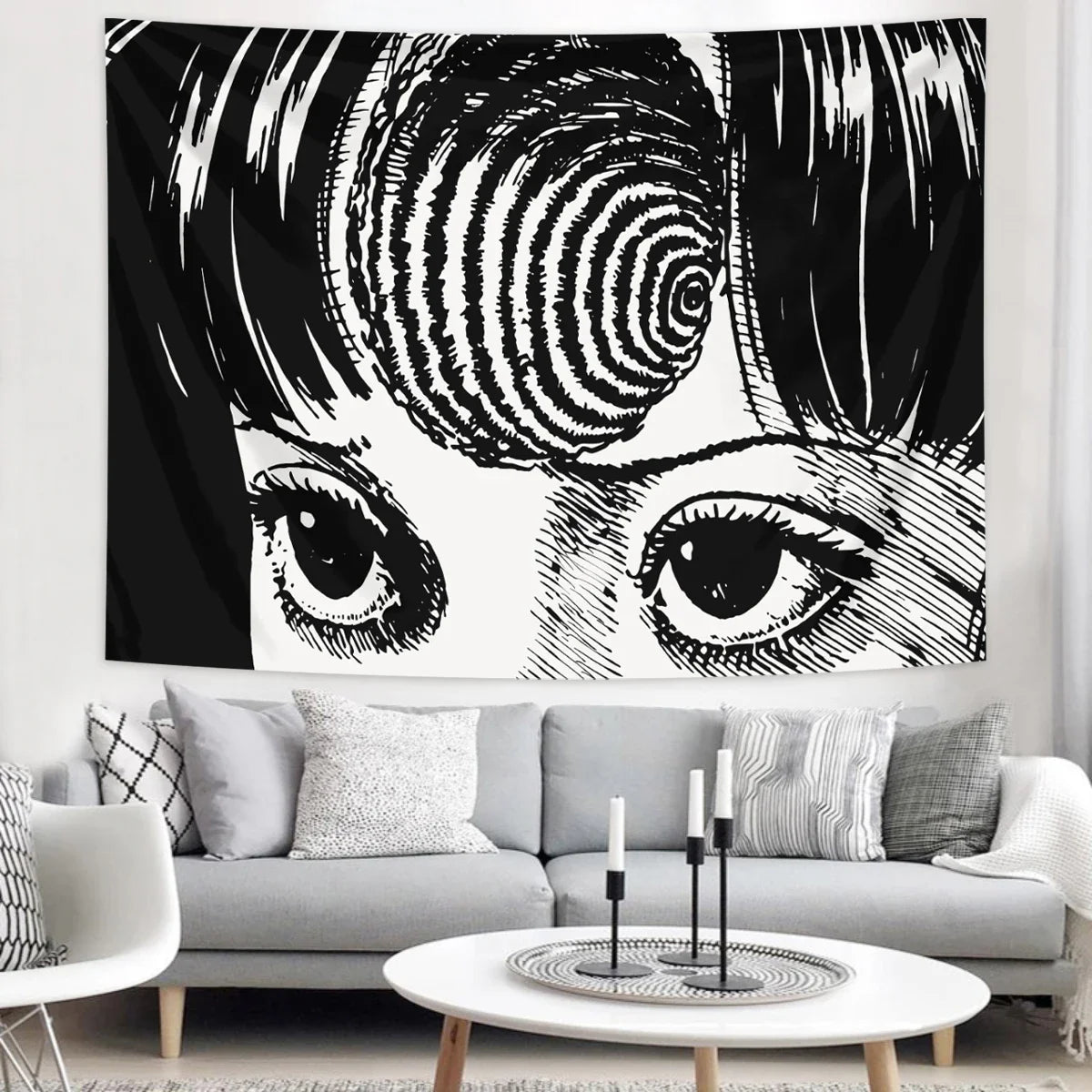 tapisserie murale motif yeux stylisés noir blanc moderne rectangle chambre