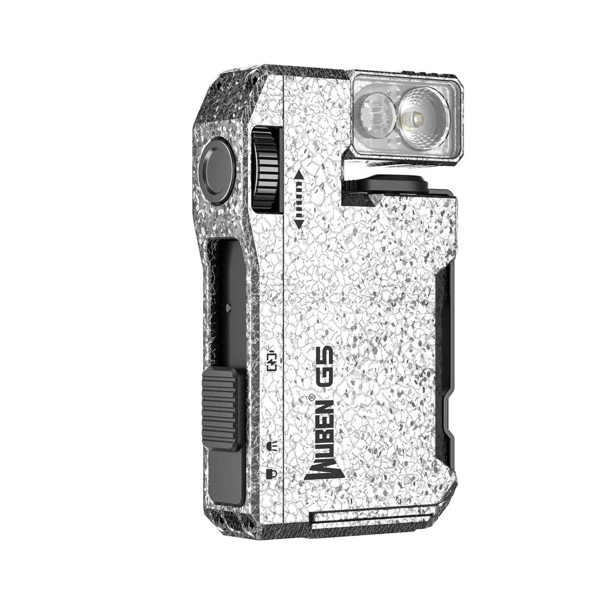 lampe torche rechargeable 400 lumens blanc gris texture granulée moderne robuste anneau fixation notice