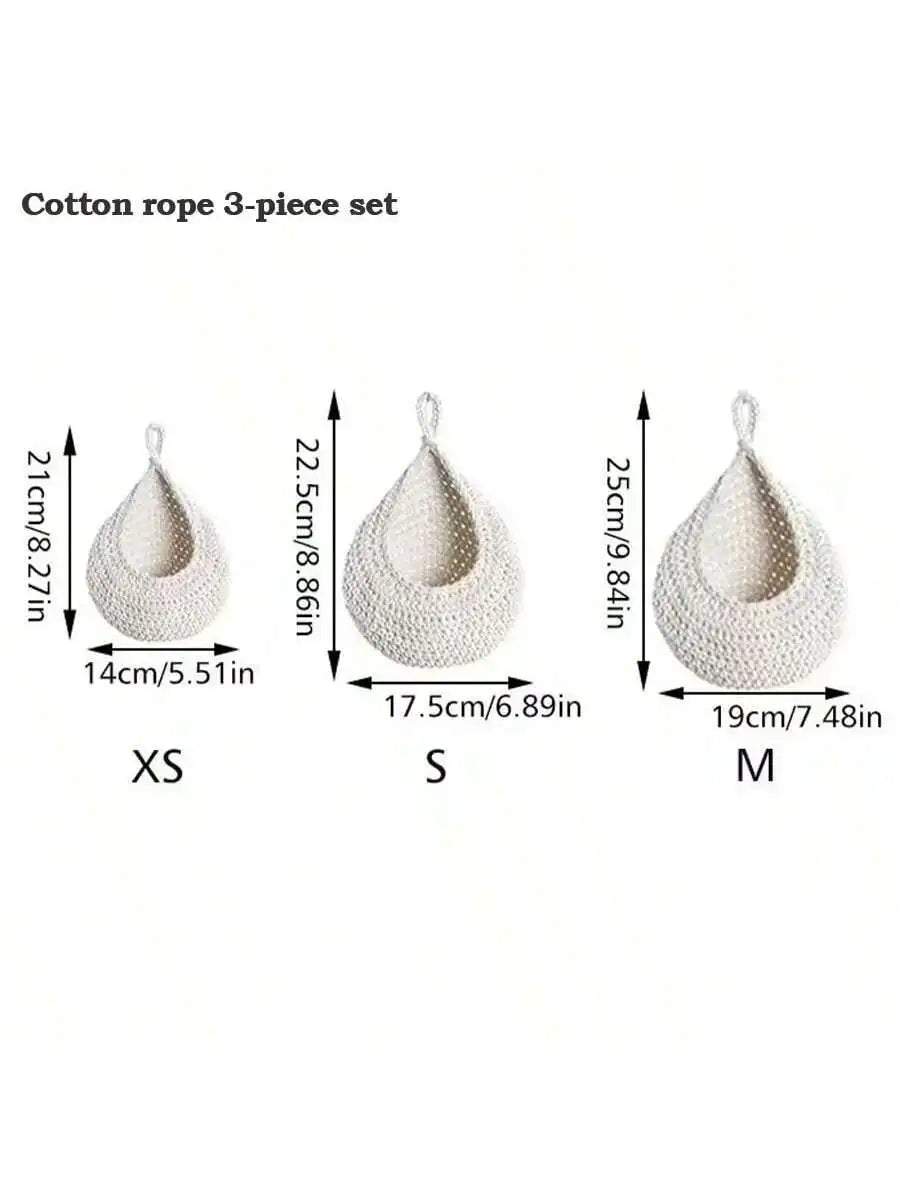 paniers suspendus tissu crocheté beiges rustiques respectueux environnement anneaux métalliques multifonctionnels rangement cuisine decoration