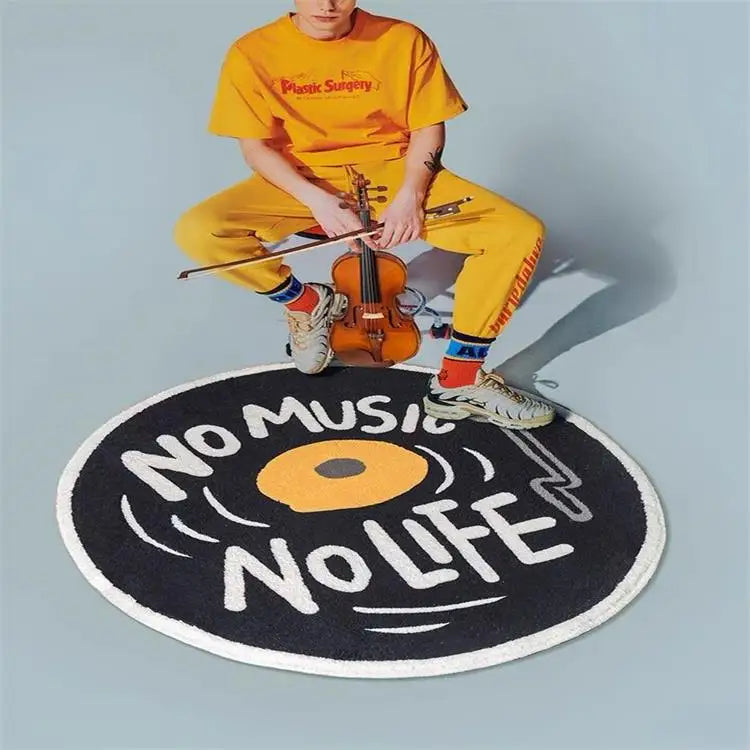tapis rond géométrique noir lettres blanches motif disque vinyle enjoy life moderne minimaliste polyester